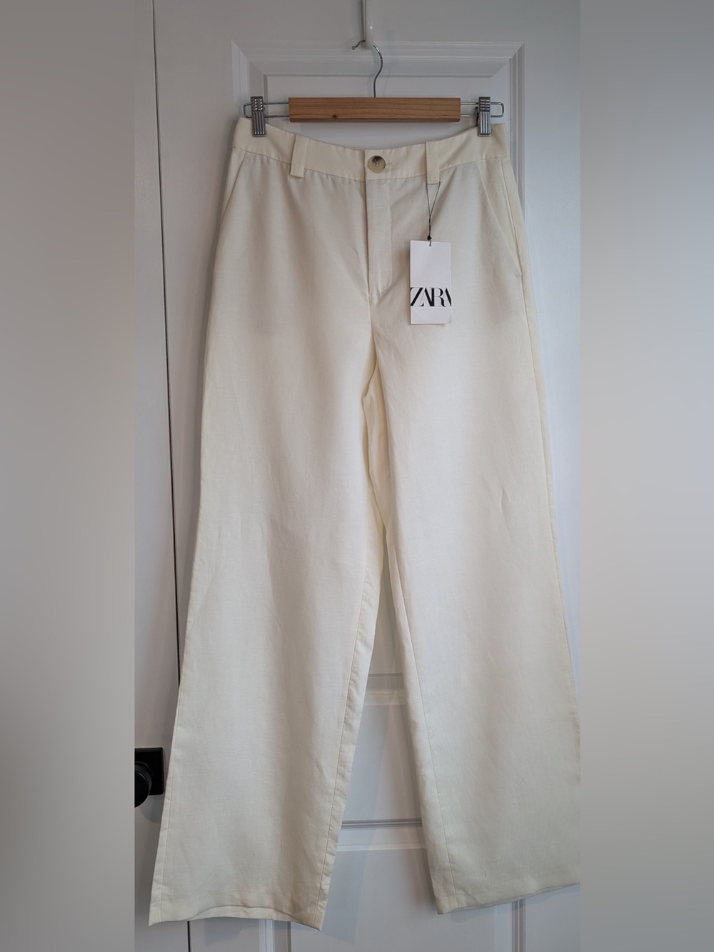 ZARA Women’s Linen Blend Straight Leg Trouser Pants Off-White NWT Size XS